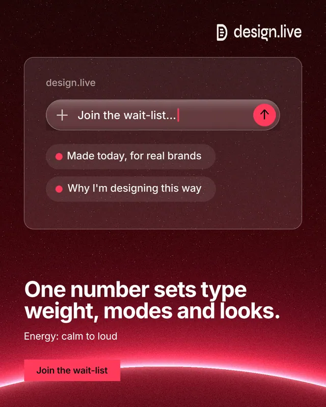 Instagram portrait post for design.live: "One number sets type weight, modes and looks." Swiss style, bottom layout, dark palette in black, red.