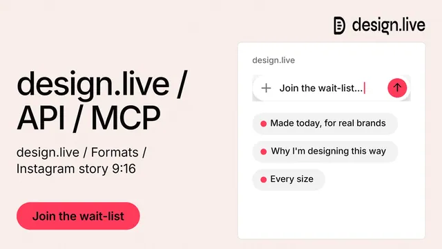 Landscape graphic for design.live: "design.live / API / MCP". Data card style, bottom layout, light palette in white, red.