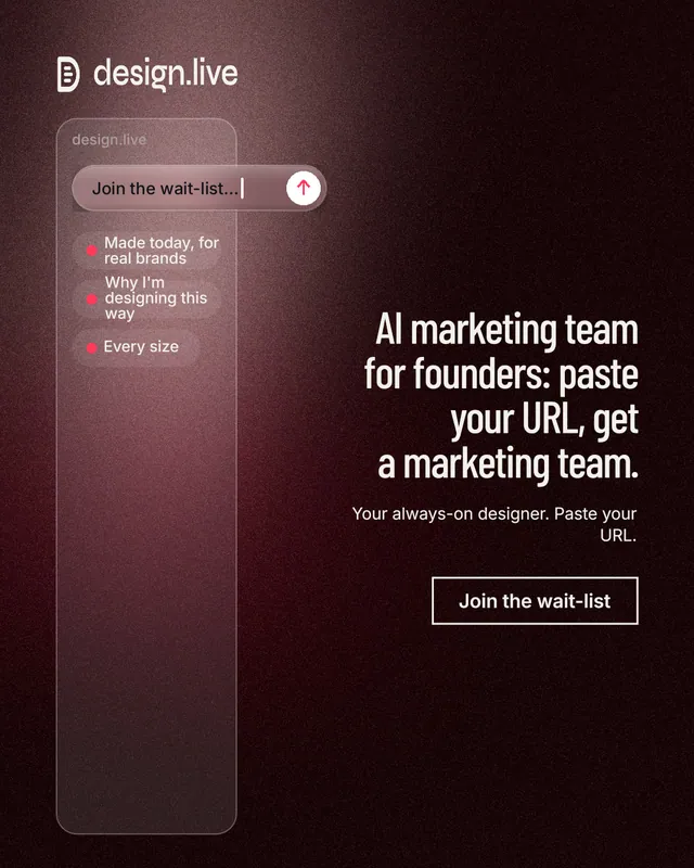 Instagram portrait post for design.live: "AI marketing team for founders: paste your URL, get a marketing team." Dark deco style, right layout, dark palette in black, red, grey.