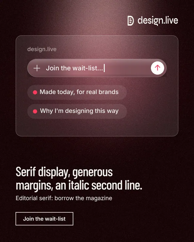 Instagram portrait post for design.live: "Serif display, generous margins, an italic second line." Dark deco style, bottom layout, dark palette in black, red, grey.