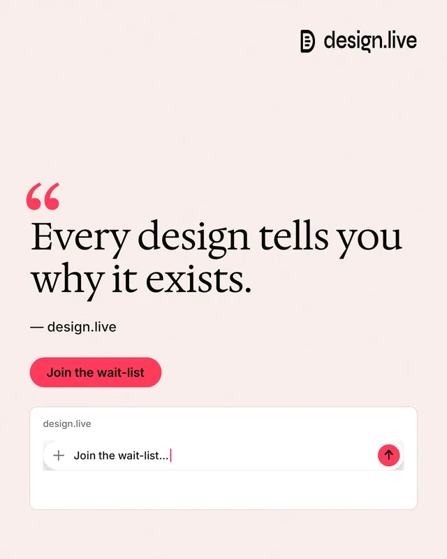 Instagram portrait post for design.live: "Every design tells you why it exists." Data card style, quote layout, light palette in white, red.