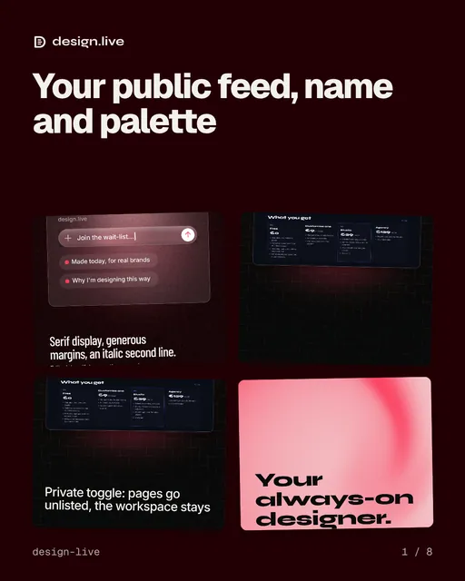 Carousel for design.live: "Your public feed, name and palette". Collection carousel, 8 slides, dark palette.