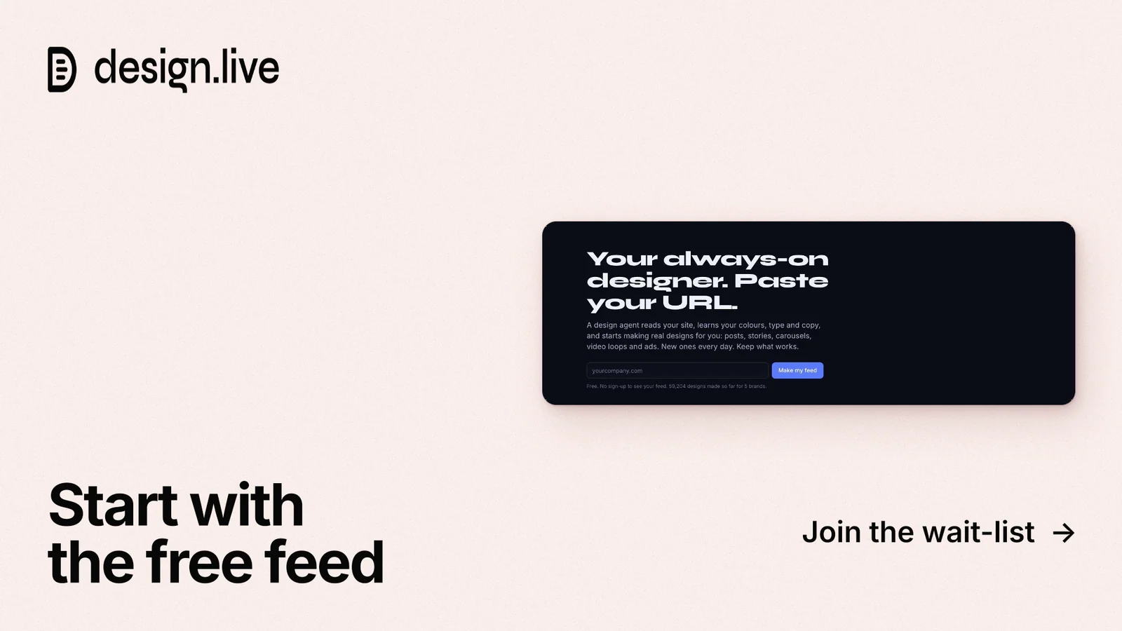 Landscape graphic for design.live: "Start with the free feed". Swiss style, image led layout, light palette in white, grey.