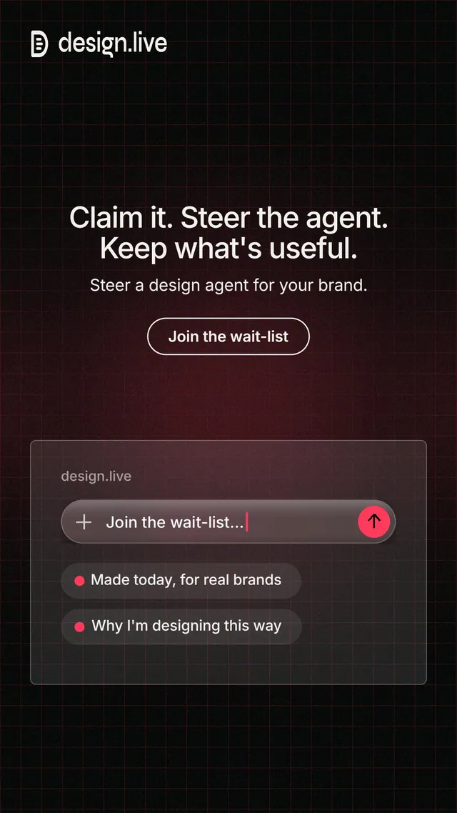 Instagram story for design.live: "Claim it. Steer the agent. Keep what's useful." Phosphor atlas style, centred layout, dark palette in black, red, grey.