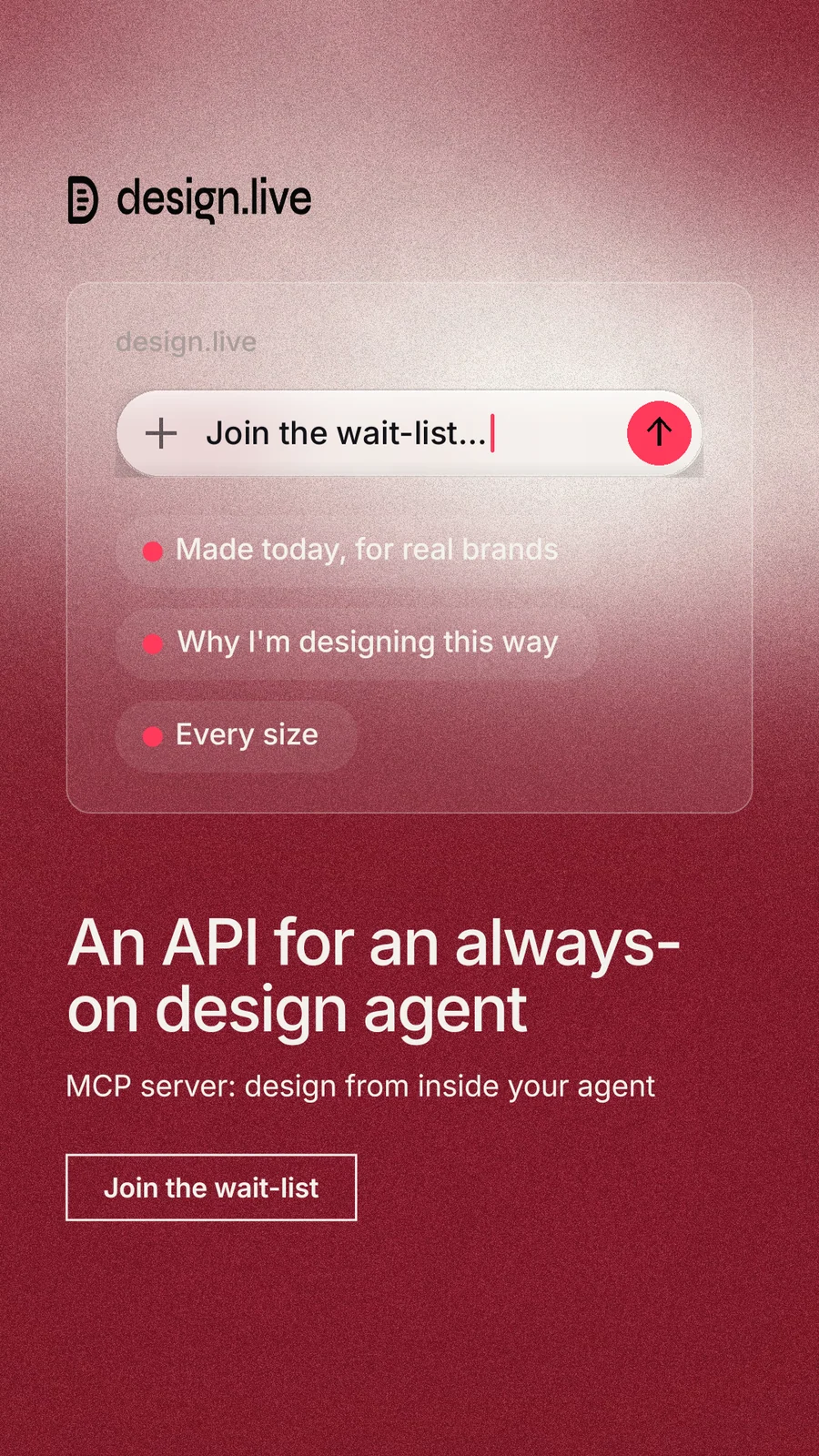 Instagram story for design.live: "An API for an always-on design agent". Cyanotype style, bottom layout, dark palette in red.