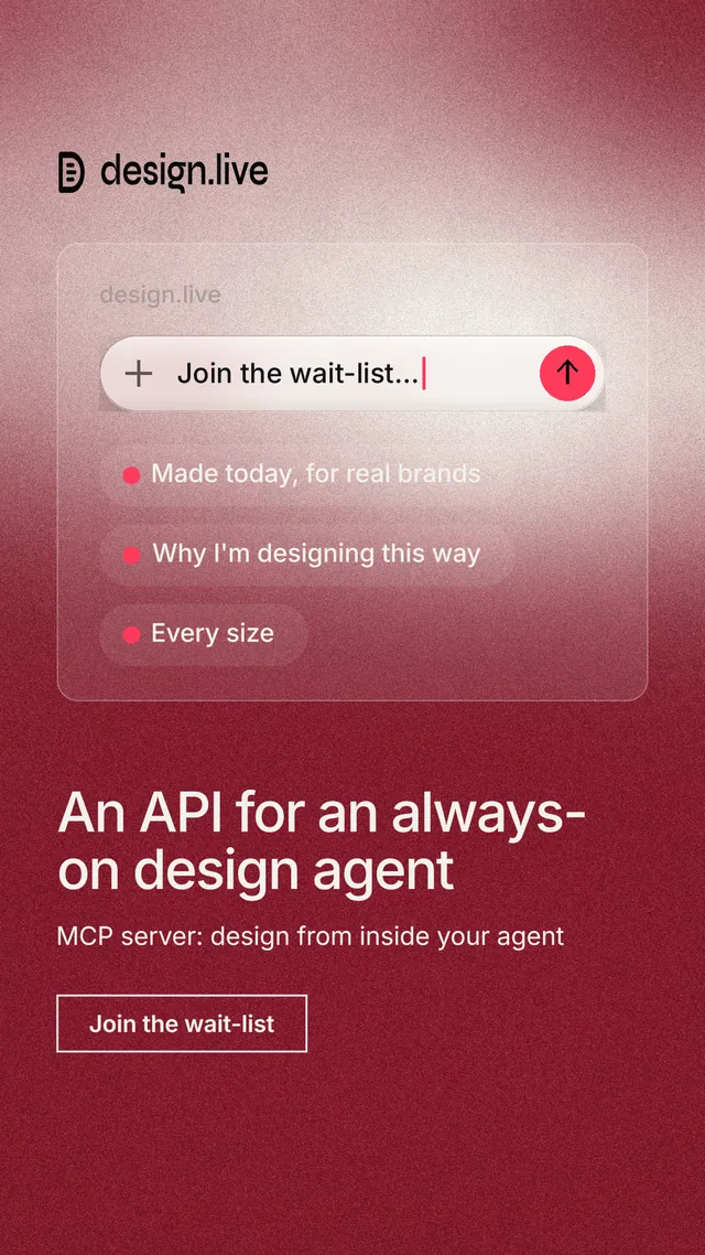Instagram story for design.live: "An API for an always-on design agent". Cyanotype style, bottom layout, dark palette in red.