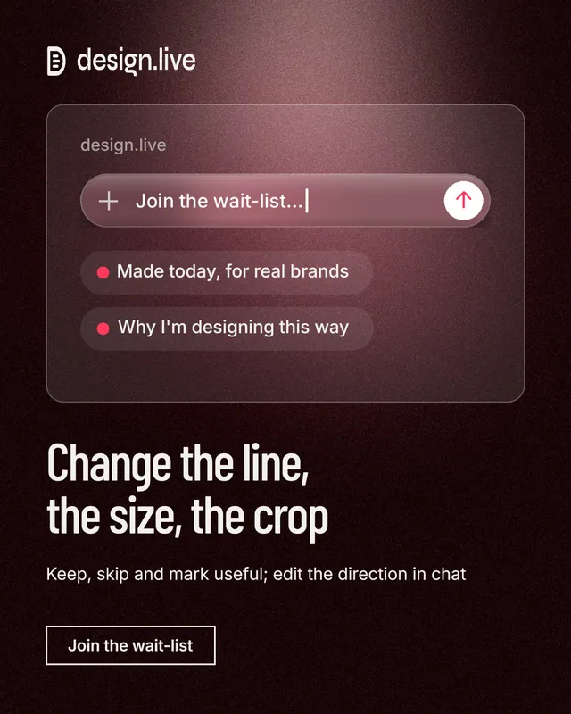 Instagram portrait post for design.live: "Change the line, the size, the crop". Dark deco style, bottom layout, dark palette in red, black, grey.