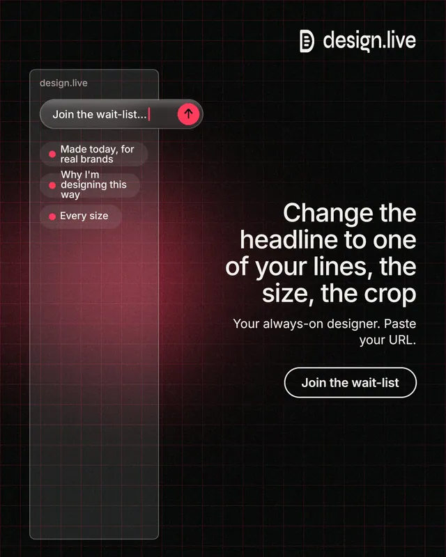 Instagram portrait post for design.live: "Change the headline to one of your lines, the size, the crop". Phosphor atlas style, right layout, dark palette in red, black.