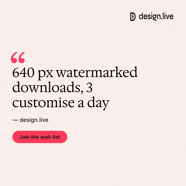 Instagram post for design.live: "640 px watermarked downloads, 3 customise a day". Data card style, quote layout, light palette in white, red.