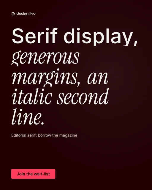 Video for design.live: "Serif display, generous margins, an italic second line.". Doc motion loop, 7.0 s, dark palette.