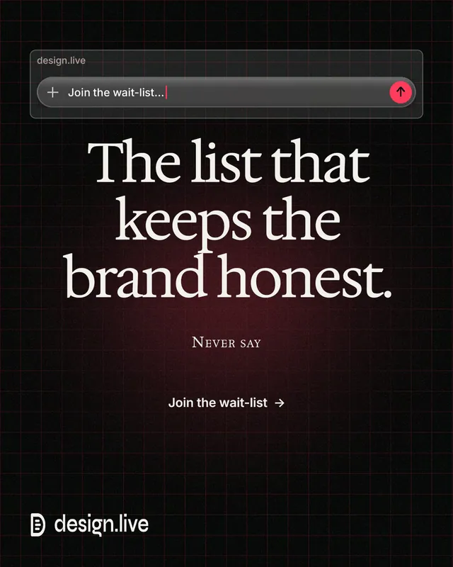 Instagram portrait post for design.live: "The list that keeps the brand honest." Phosphor atlas style, smallcaps layout, dark palette in black, grey.