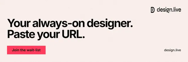 X header for design.live: "Your always-on designer. Paste your URL." Swiss style, poster layout, light palette in white, red.