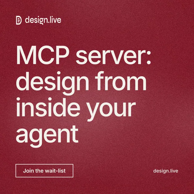 Instagram post for design.live: "MCP server: design from inside your agent". Cyanotype style, poster layout, dark palette in red.