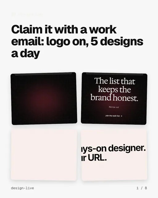Carousel for design.live: "Claim it with a work email: logo on, 5 designs a day". Collection carousel, 8 slides, light palette.