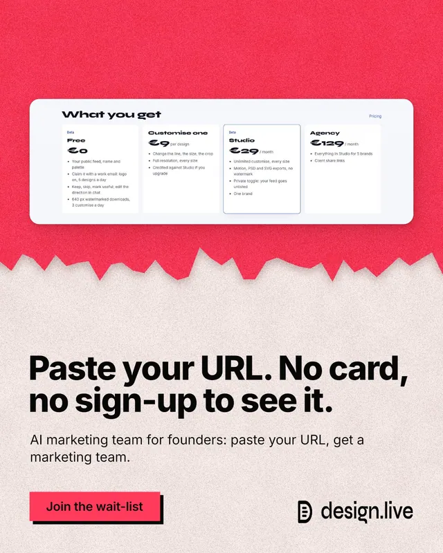 Instagram portrait post for design.live: "Paste your URL. No card, no sign-up to see it." Paper trio style, bottom layout, light palette in red, orange, white.