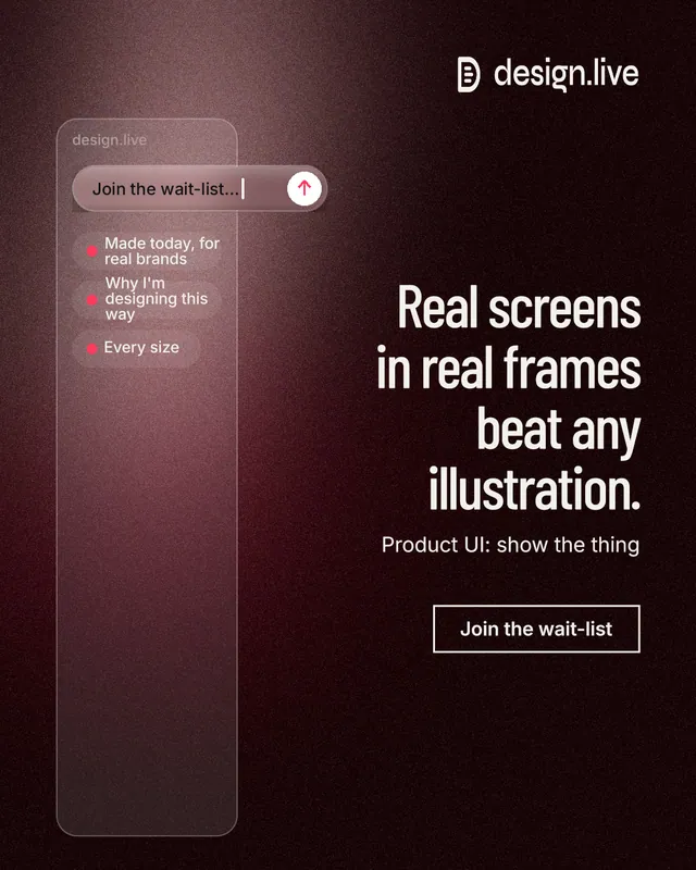 Instagram portrait post for design.live: "Real screens in real frames beat any illustration." Dark deco style, right layout, dark palette in black, red, grey.