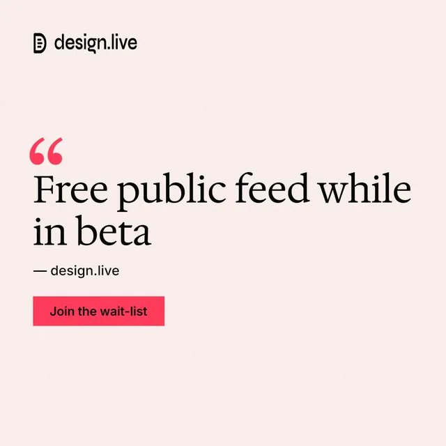 Instagram post for design.live: "Free public feed while in beta". Swiss style, quote layout, light palette in white, red.