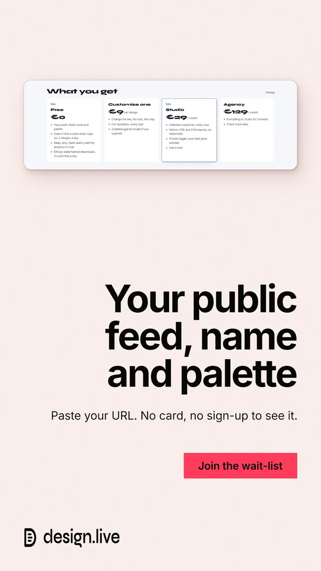 Instagram story for design.live: "Your public feed, name and palette". Swiss style, right layout, light palette in white, red.