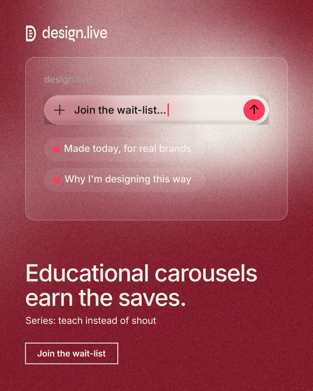 Instagram portrait post for design.live: "Educational carousels earn the saves." Cyanotype style, bottom layout, dark palette in red.