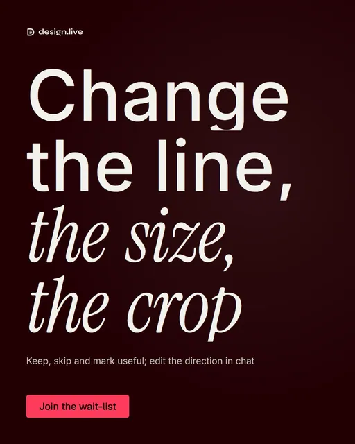 Video for design.live: "Change the line, the size, the crop". Doc motion loop, 8.0 s, dark palette.