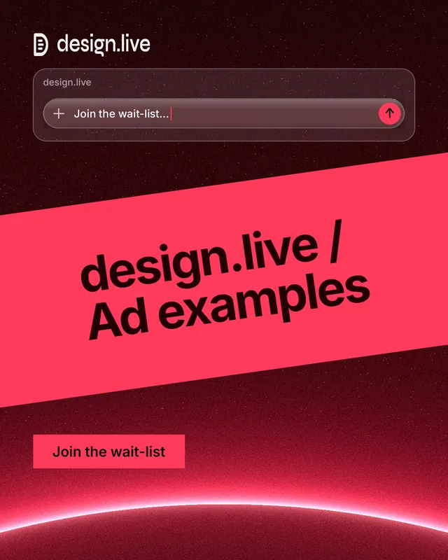 Instagram portrait post for design.live: "design.live / Ad examples". Swiss style, diagonal layout, dark palette in red, black.