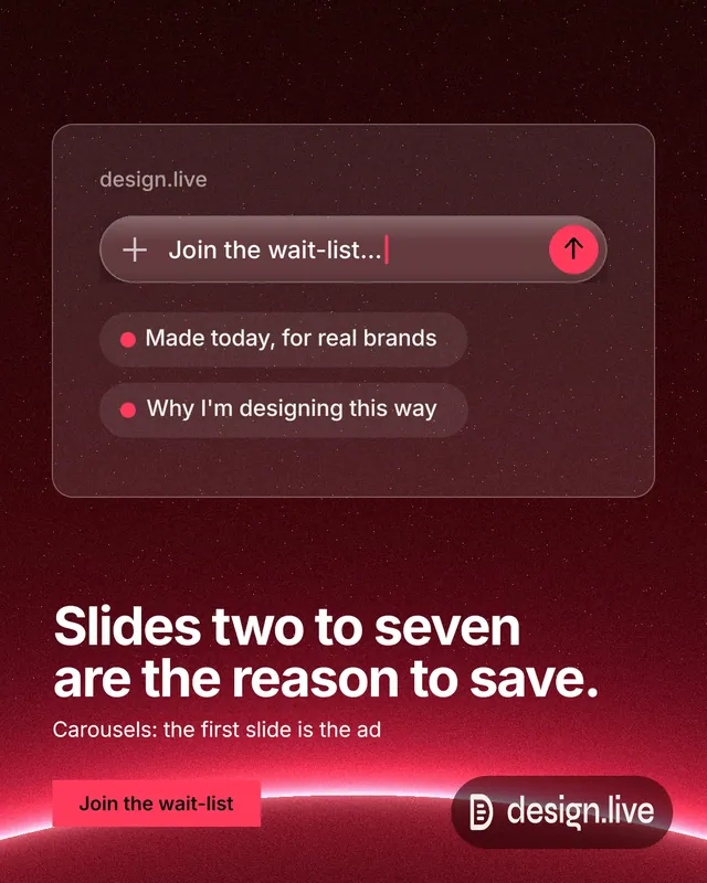Instagram portrait post for design.live: "Slides two to seven are the reason to save." Swiss style, bottom layout, dark palette in black, red.
