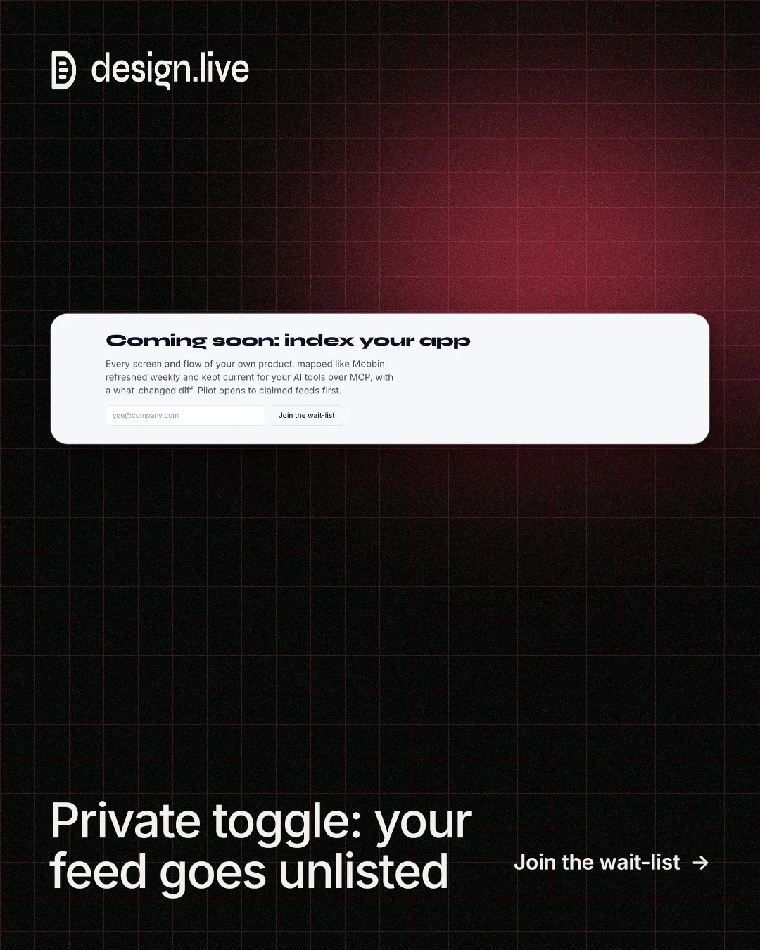 Instagram portrait post for design.live: "Private toggle: your feed goes unlisted". Phosphor atlas style, image led layout, dark palette in black, red, white.