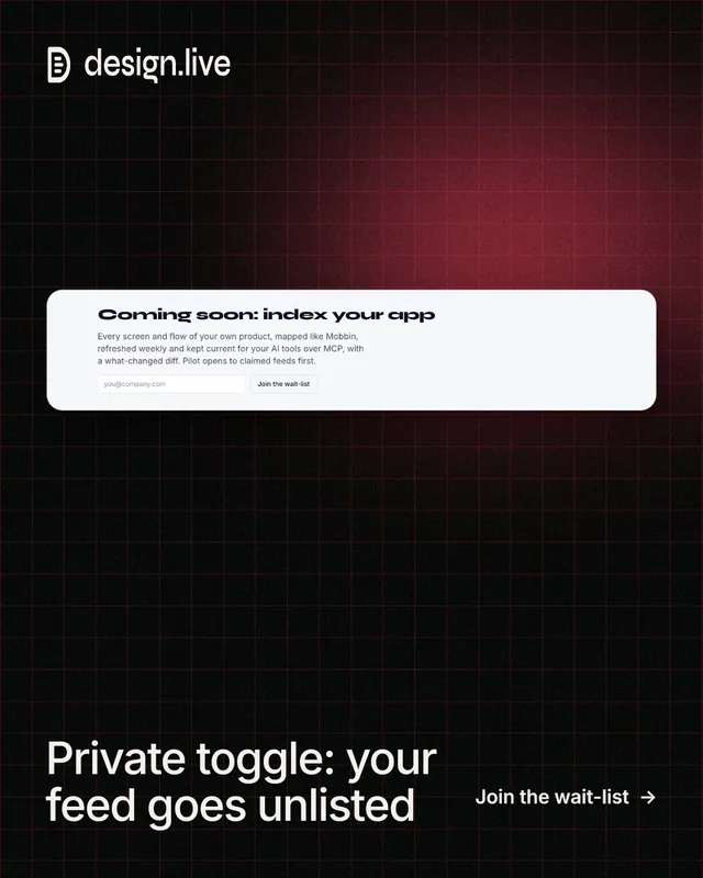 Instagram portrait post for design.live: "Private toggle: your feed goes unlisted". Phosphor atlas style, image led layout, dark palette in black, red, white.