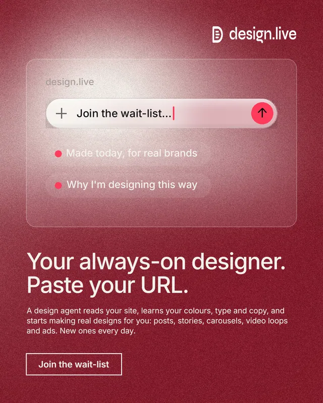 Instagram portrait post for design.live: "Your always-on designer. Paste your URL." Cyanotype style, bottom layout, dark palette in red.
