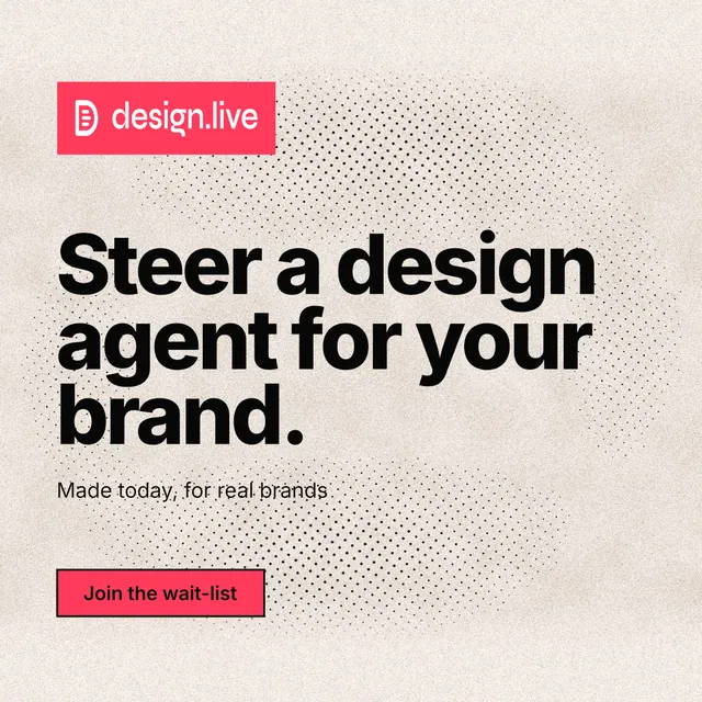 Instagram post for design.live: "Steer a design agent for your brand." Ink sticker style, announce layout, light palette in orange, grey.
