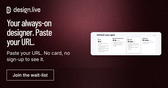 Social ad for design.live: "Your always-on designer. Paste your URL." Dark deco style, bottom layout, dark palette in black, red, white.