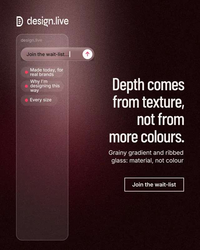 Instagram portrait post for design.live: "Depth comes from texture, not from more colours." Dark deco style, right layout, dark palette in black, red, grey.