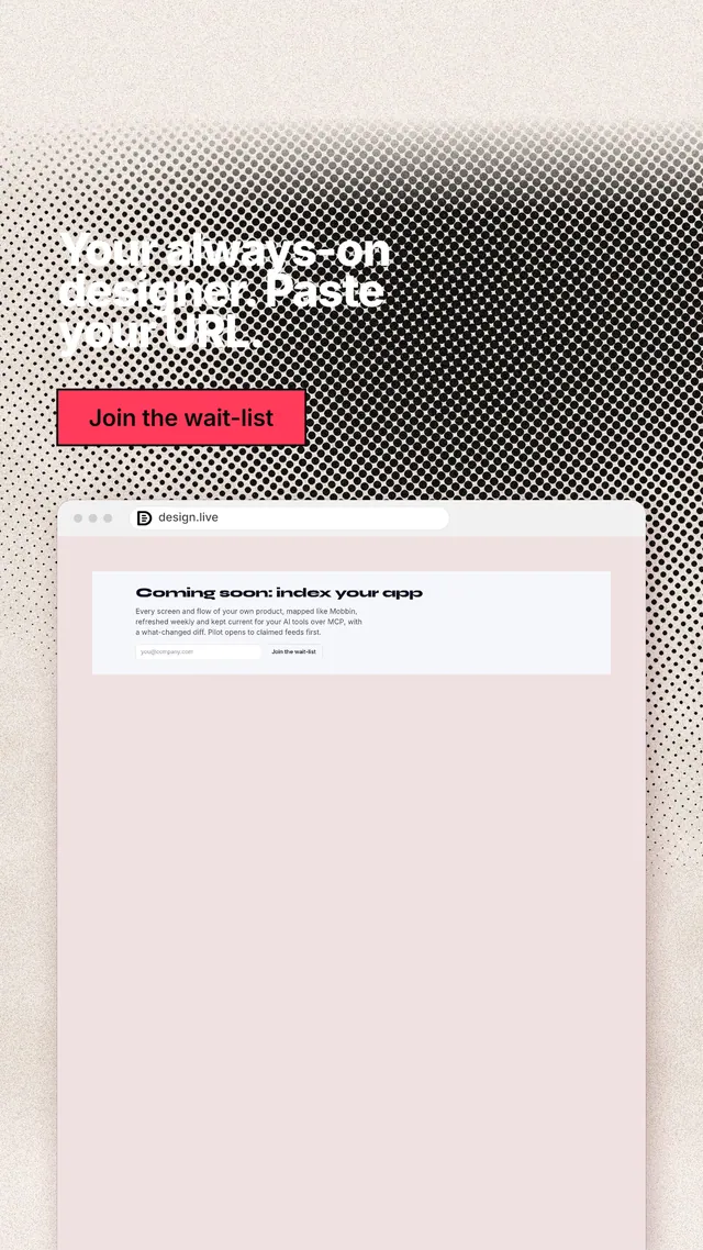 Instagram story for design.live: "Your always-on designer. Paste your URL." Ink sticker style, browser layout, light palette in red, grey, white.