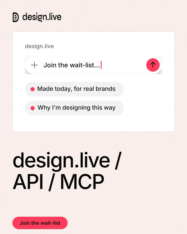 Instagram portrait post for design.live: "design.live / API / MCP". Data card style, bottom layout, light palette in white, red.