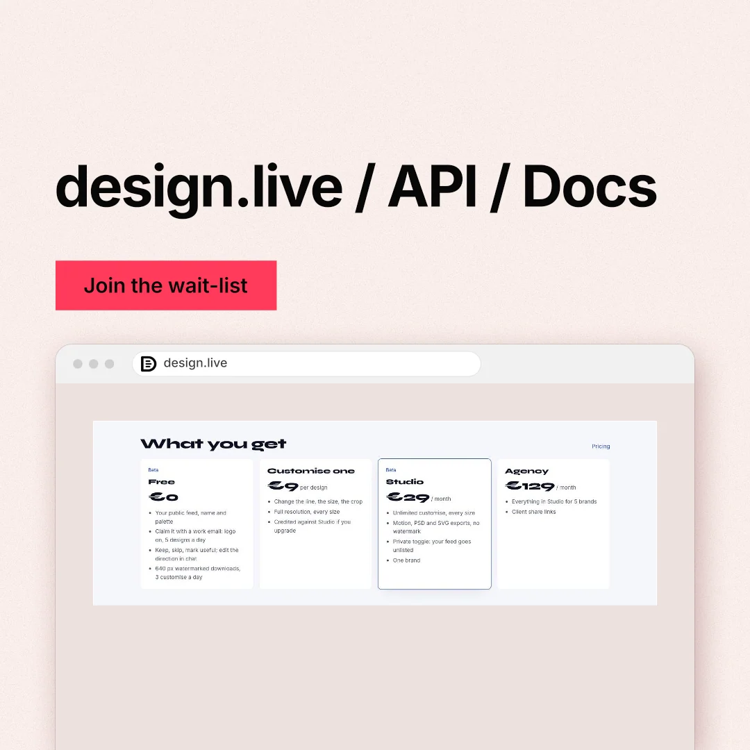 Instagram post for design.live: "design.live / API / Docs". Swiss style, browser layout, light palette in white, orange, red.