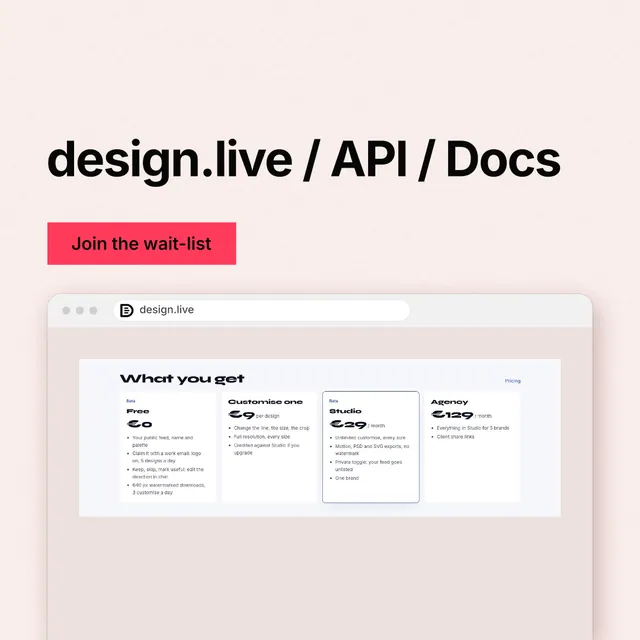 Instagram post for design.live: "design.live / API / Docs". Swiss style, browser layout, light palette in white, orange, red.