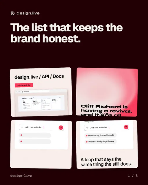 Carousel for design.live: "The list that keeps the brand honest.". Collection carousel, 8 slides, dark palette.