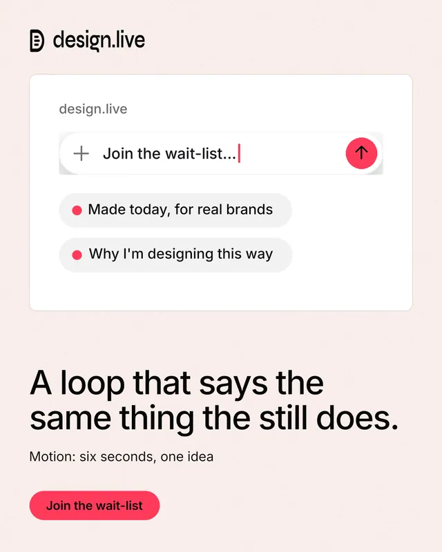 Instagram portrait post for design.live: "A loop that says the same thing the still does." Data card style, bottom layout, light palette in white, red.