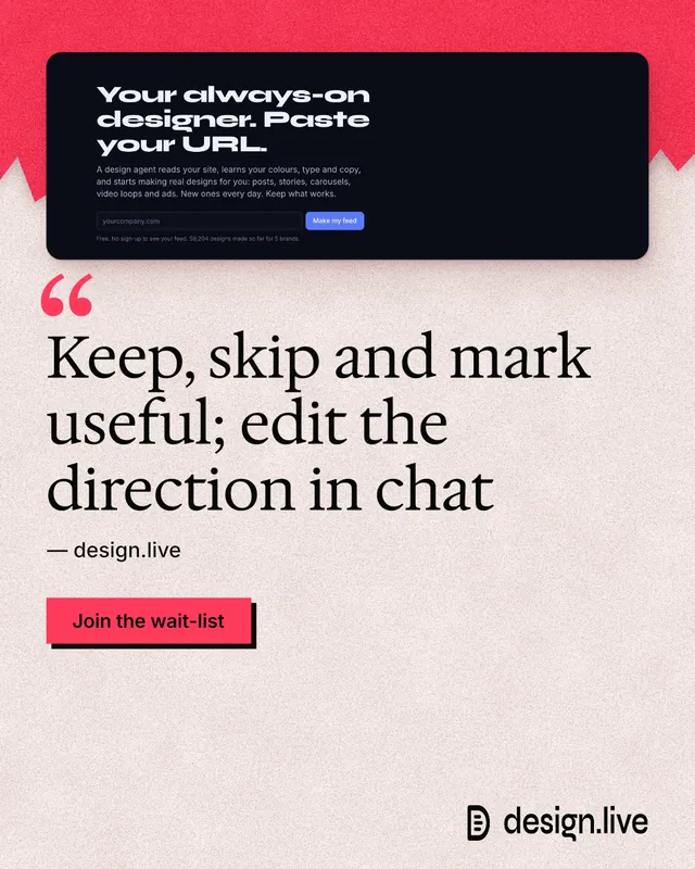Instagram portrait post for design.live: "Keep, skip and mark useful; edit the direction in chat". Paper trio style, quote layout, light palette in orange, red.