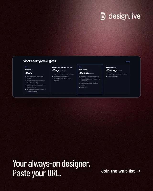 Instagram portrait post for design.live: "Your always-on designer. Paste your URL." Dark deco style, image led layout, dark palette in black, red.