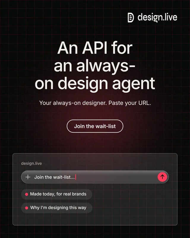Instagram portrait post for design.live: "An API for an always-on design agent". Phosphor atlas style, centred layout, dark palette in black, red, grey.