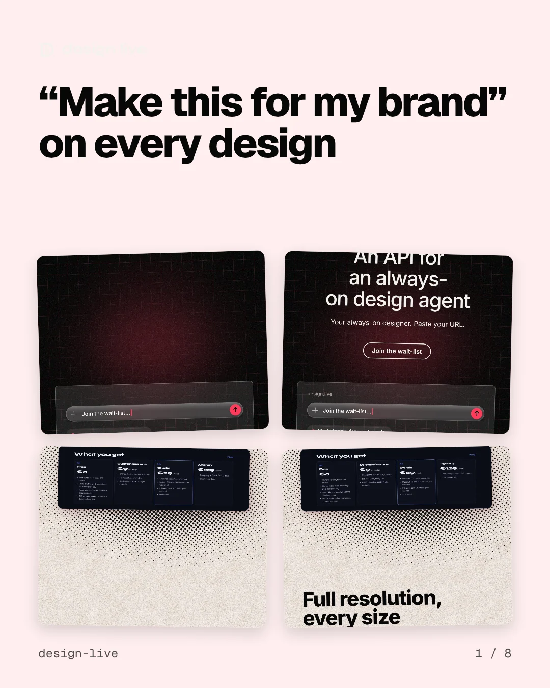 Carousel for design.live: "“Make this for my brand” on every design". Collection carousel, 8 slides, light palette.