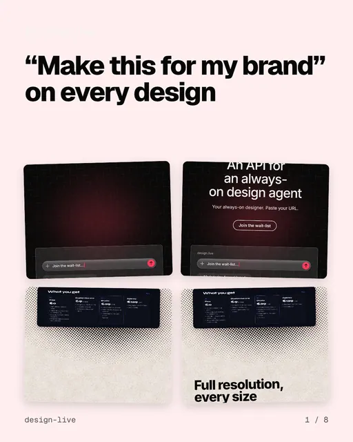 Carousel for design.live: "“Make this for my brand” on every design". Collection carousel, 8 slides, light palette.