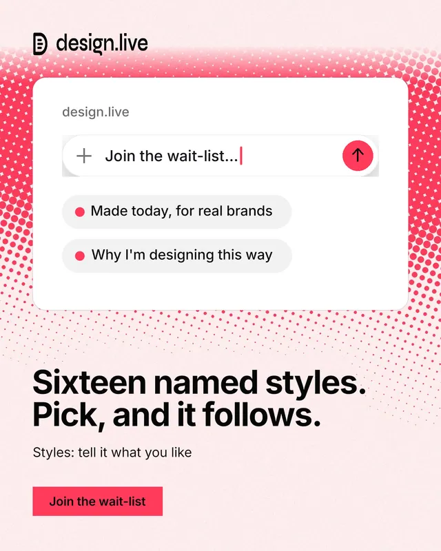 Instagram portrait post for design.live: "Sixteen named styles. Pick, and it follows." Swiss style, bottom layout, light palette in white, red.