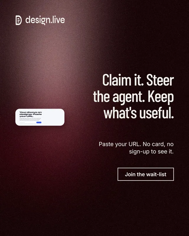 Instagram portrait post for design.live: "Claim it. Steer the agent. Keep what's useful." Dark deco style, right layout, dark palette in black, red, grey.