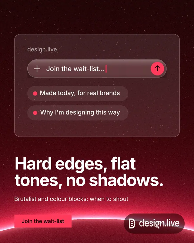 Instagram portrait post for design.live: "Hard edges, flat tones, no shadows." Swiss style, bottom layout, dark palette in black, red.