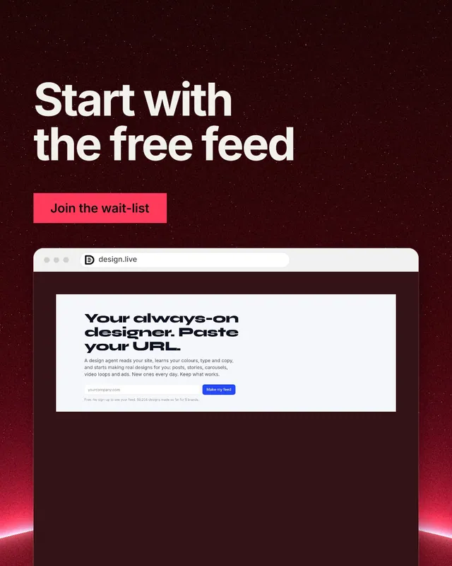 Instagram portrait post for design.live: "Start with the free feed". Swiss style, browser layout, dark palette in red, black, white.