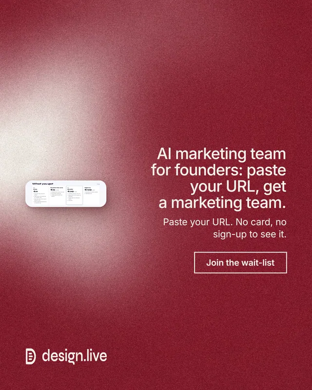 Instagram portrait post for design.live: "AI marketing team for founders: paste your URL, get a marketing team." Cyanotype style, right layout, dark palette in red.