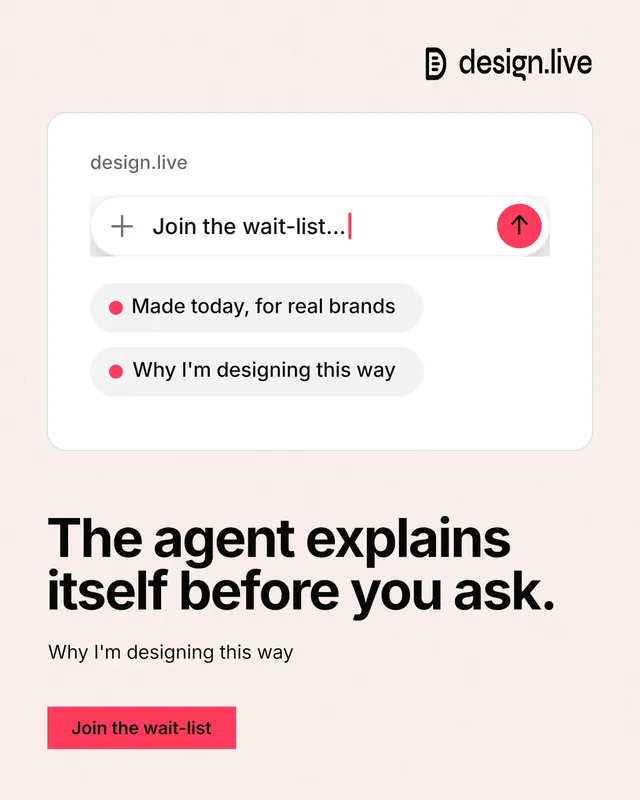 Instagram portrait post for design.live: "The agent explains itself before you ask." Swiss style, bottom layout, light palette in white, grey.