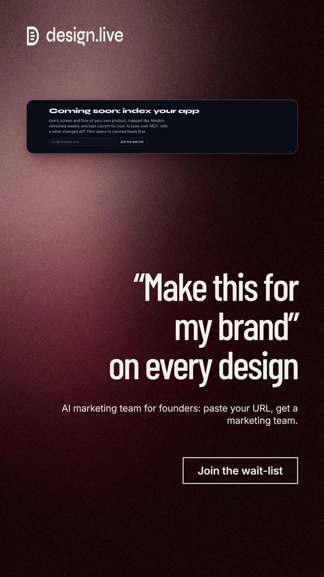 Instagram story for design.live: "“Make this for my brand” on every design". Dark deco style, right layout, dark palette in black, grey, red.